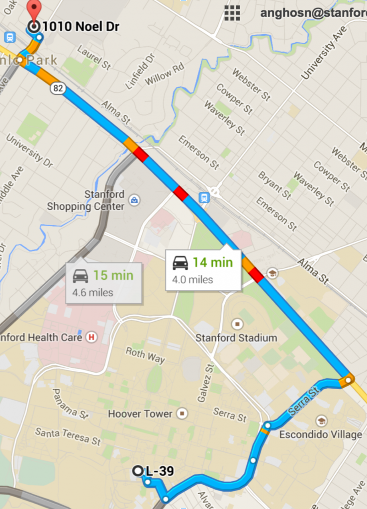 Distance from between Noel Oaks Apartments and Tressider’s Parking Lot (Google Maps)